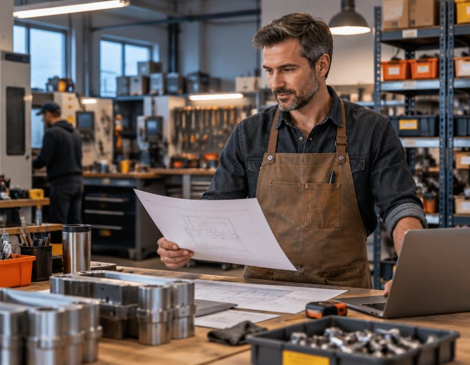 Small business owner reviewing plans in his workshop
